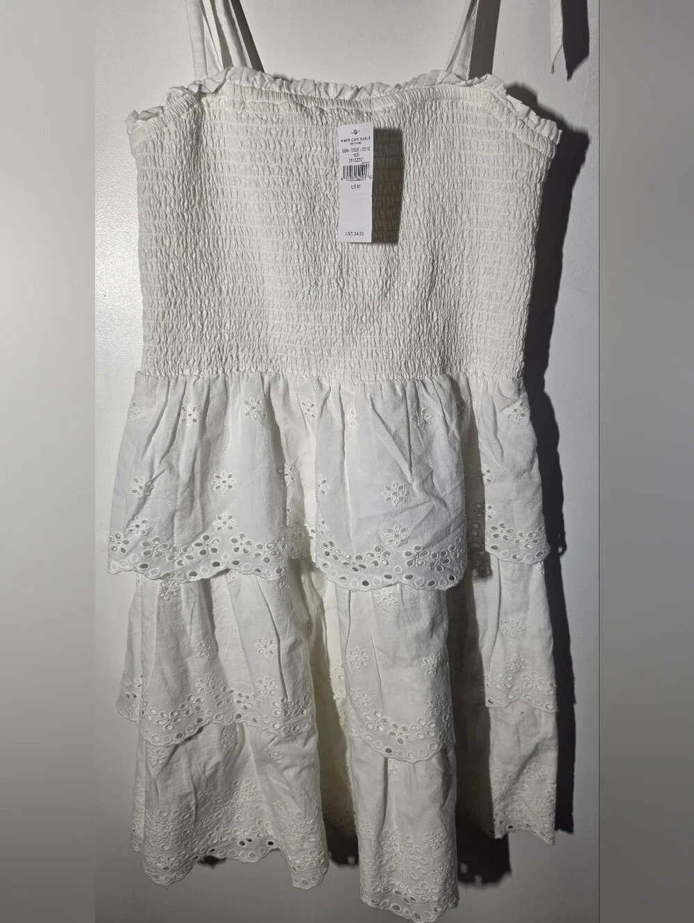 American Eagle Outfitters White Smocked Tiered Eyelet Midi Skirt